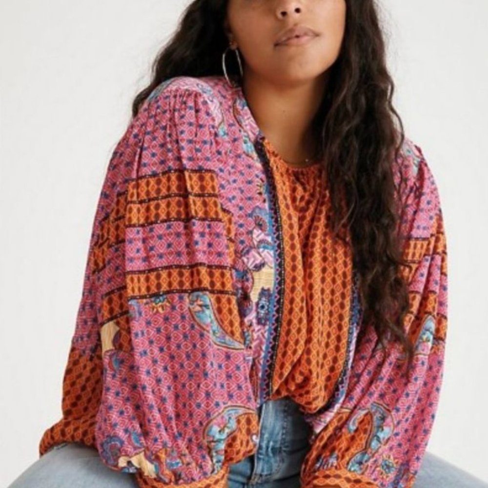 Anthropologie Pink and Orange Patchwork Balloon-Sleeve Blouse